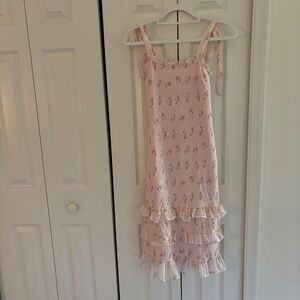 Abercrombie & Fitch Smocked Pink Floral Ruffle Midi Dress Tie Strap